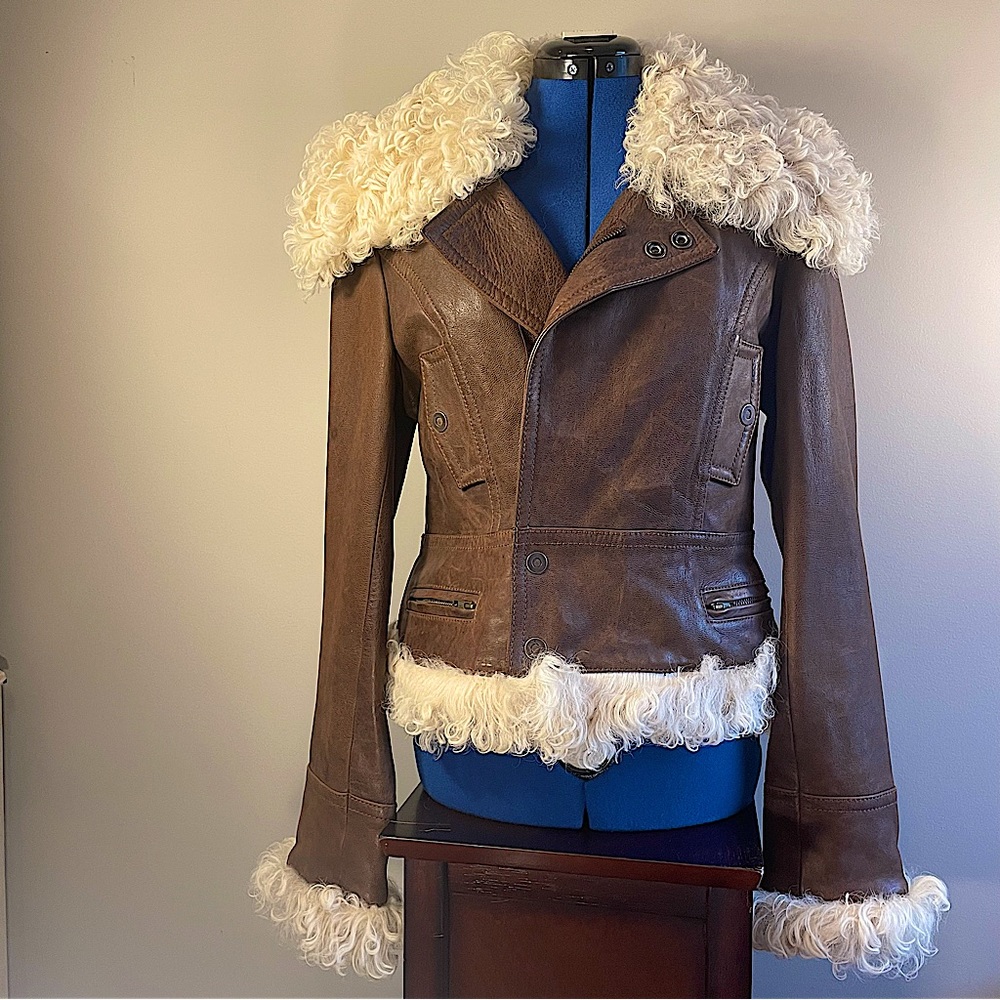 The Limited Brown Leather Aviator Jacket Mongolian Lamb Collar & Cuffs W…